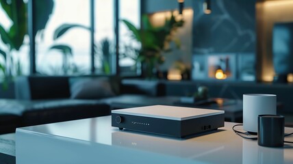 Capture the sophistication of a smart home system powered by machine learning technology, featuring sleek control panels and devices, with a blurred background and ample copy space for text