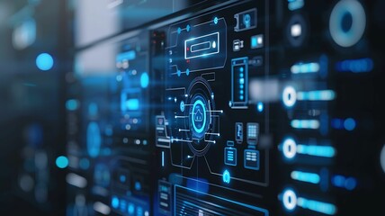 Obraz premium Capture the sophistication of a smart home system powered by machine learning technology, featuring sleek control panels and devices, with a blurred background and ample copy space for text