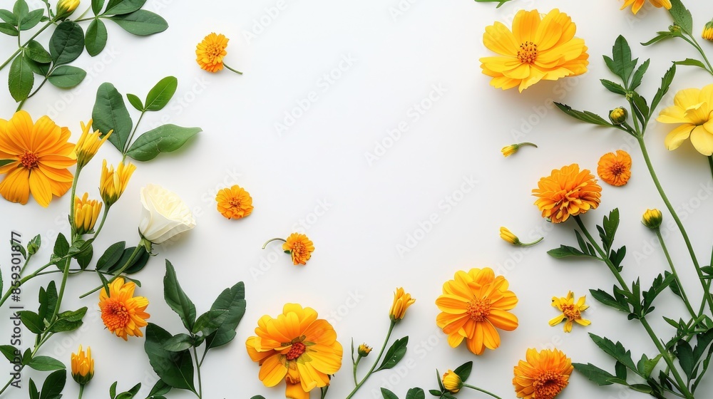 Sticker yellow and orange flowers arrangement with green leaves on white background top view with space for 