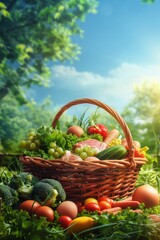 Wicker Basket Filled With Fresh Produce and Raw Meat Outdoors on Sunny Day