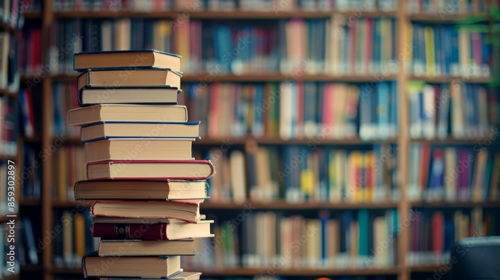 Poster stack of books in a library setting