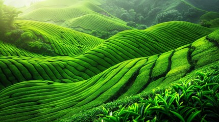 Fototapeta premium Lush Green Tea Plantation Hills in Morning Light
