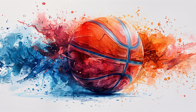 Abstract watercolor basketball ball illustration artwork with colorful paint splashes and stains on white background for sports, advertisements and art theme, 4K