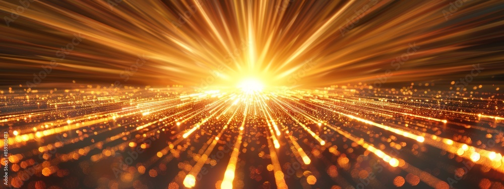 Poster illustrate an abstract composition featuring lines of light radiating outward from a central point, 