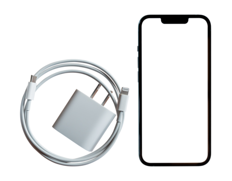 Mobile smartphone mockup with blank screen and USB charging cable isolated on transparent background. PNG File