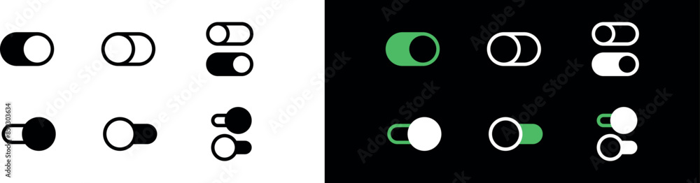 Aufkleber on off switch button icon. icons set of toggle buttons in black, white and green. vector ui illustra