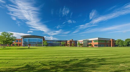 Modern American High School Building with Brick Exterior and Grassy Fields Under Clear Blue Skies. Wide-Angle View of Campus Landscape with Students, Featuring Contemporary Architectural Design.