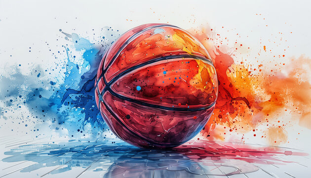 Abstract watercolor basketball ball illustration artwork with colorful paint splashes and stains on white background for sports, advertisements and art theme, 4K