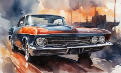  A watercolor art of muscle america car was parked