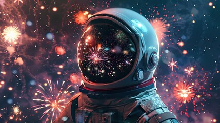 Astronaut in space with reflections of fireworks in the helmet, creating a celebratory and cosmic atmosphere.
