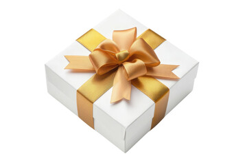 Obraz premium white gift box PNG with golden ribbon and bow isolated on white background