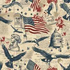 A seamless pattern featuring American patriotic symbols such as the bald eagle, American flag, Liberty Bell, and historical documents in red, white, and blue tones.