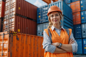 Smiling female worker in a safety vest and hard hat standing against cargo containers on a port dock background. Banner marine terminal with copy space