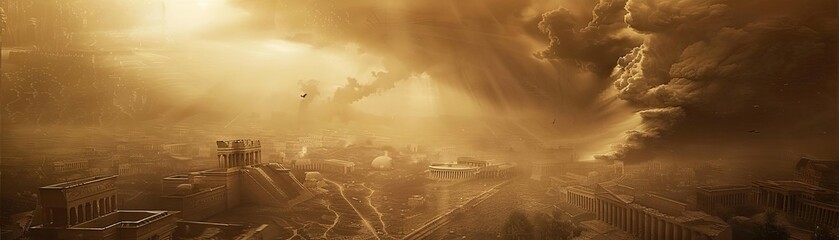 Dramatic apocalyptic scene with a devastated cityscape, dark clouds, and an ominous atmosphere, illustrating destruction and chaos.