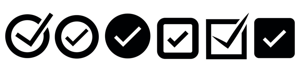 Variety of check mark Icons. Black tick icon set. Vector illustration isolated on white background.