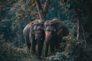 Fototapeta premium two elephants walking through a forest with trees