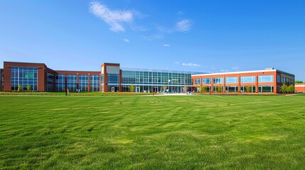 Modern American High School Building with Brick Exterior and Grassy Fields Under Clear Blue Skies. Wide-Angle View of Campus Landscape with Students, Featuring Contemporary Architectural Design.
