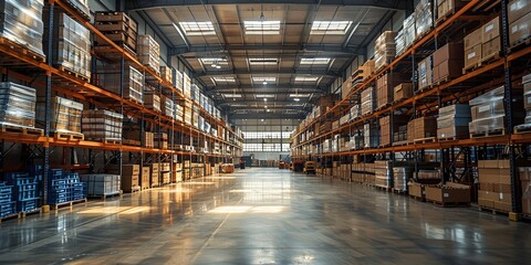Fototapeta premium Warehouse Interior with Shelves Full of Cardboard Boxes