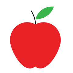 Bright red apple, simple vector illustration, flat design, single green leaf, white background