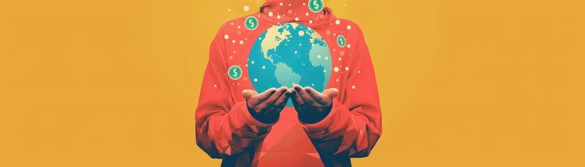 Minimal style illustration of a person holding a globe with dollar signs, representing international investments