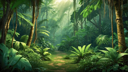 Naklejka premium A jungle path winding through dense greenery with tall trees and abundant plant life. The light filters through the leaves, creating a mystical and adventurous atmosphere.