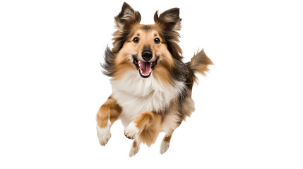 Full body shot of Shetland Sheepdog(Sheltie), running happily, smiling.