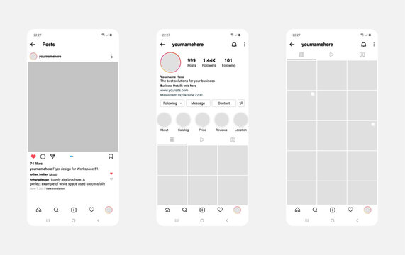 Instagram UI templates on white background. Post, profile, home page and grid template. Instagram Gallery, following, reel, Follower, News Feed Instagram app interface mockup editable template pack