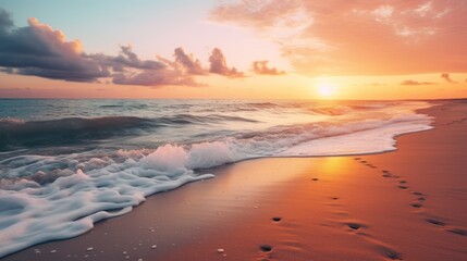 Fototapeta premium Sunrise on the beach with gentle waves and the sun emerging on the horizon