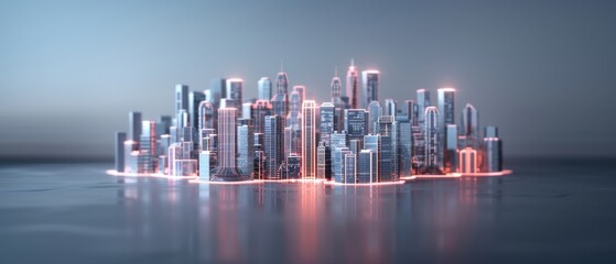 Futuristic digital cityscape with glowing buildings on water. Modern urban skyline reflecting technological advancement and innovation.