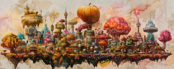 Whimsical floating city with vibrant, surreal architecture and colorful trees, showcasing a fantastical imaginary world.