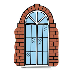 Hand drawn cartoon window on a brick wall on a white background.