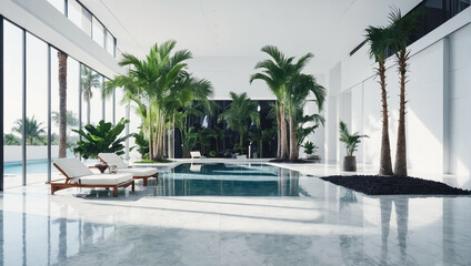 A luxurious indoor pool area with tall palm trees and elegant white decor. The space features large windows, modern lounge chairs, and a serene ambiance, perfect for relaxation and leisure.