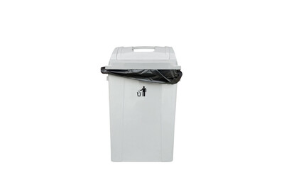 Gray trash can for holding garbage, isolated on white background.