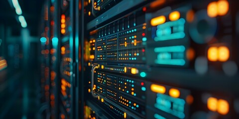 Technicians monitor digital dashboards in rows of data center servers. Concept Data Center Monitoring, Technicians, Digital Dashboards, Server Rows, Technology Operations