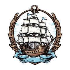 Pirate Ship Badge Vintage Engraved Illustration