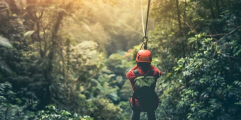 Obraz premium Thrillseeking adventurers zip lining through dense forest canopy for breathtaking views. Concept Adventure Travel, Zip Lining, Forest Canopy, Breathtaking Views, Thrillseekers