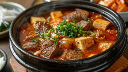 Kimchi stew contains beef and tofu, and the background is Korean.