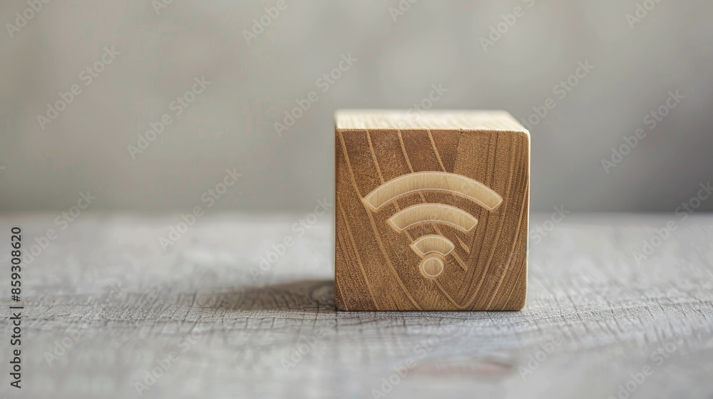 Poster wi fi symbol on wooden block with grey background and space for text