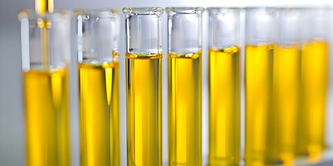 Yellow liquid in glass test tubes for testing petroleum products. Concept Chemical Analysis, Petroleum Industry, Test Tubes, Lab Equipment, Yellow Liquid