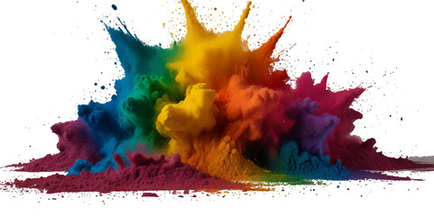 Multicolored rainbow explosion of cloud powder paint holi decoration isolated on transparent background. Vector abstract colorful rainbow holi paint festival background.