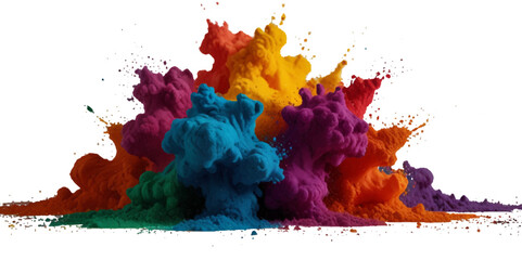 Multicolored rainbow explosion of cloud powder paint holi decoration isolated on transparent background. Vector abstract colorful rainbow holi paint festival background.