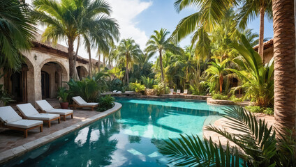 A luxurious tropical pool with surrounding greenery and elegant architecture. The area includes comfortable lounge chairs, creating an inviting space for leisure and relaxation