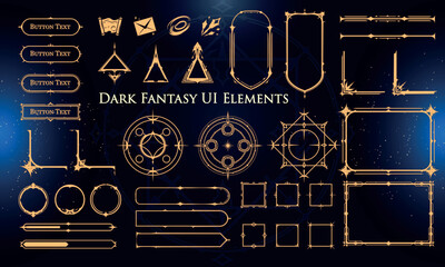 Set of Dark Fantasy Elements for user interface, poster, video. Fantasy magic HUD. Template for rpg game interface. Vector Illustration EPS10