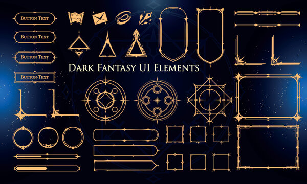 Set of Dark Fantasy Elements for user interface, poster, video. Fantasy magic HUD. Template for rpg game interface. Vector Illustration EPS10