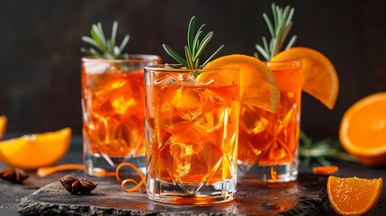 Three elegant glasses of Crodino spritz, garnished with rosemary and orange slices, rest on a dark surface