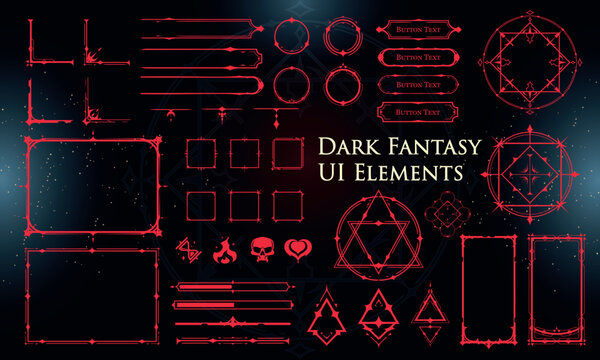Set of Dark Fantasy Elements for user interface, poster, video. Fantasy magic HUD. Template for rpg game interface. Vector Illustration EPS10