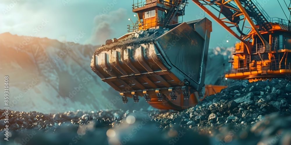 Poster image of advanced iron ore mining technology in action. concept mining technology, advanced machiner