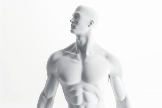3d cgi image of a human torso showing head to belly, plain, no features, featureless, white