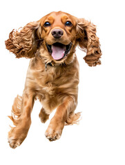 Full body shot of Cocker Spaniel dog, running happily, smiling.