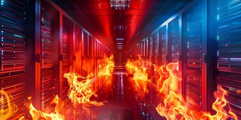 Supercomputer technology in data center server room engulfed in flames. Concept Emergency response, Data center disaster recovery, Fire suppression systems, Server room safety protocols